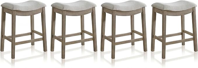 ROME + OAK Set of 4 Parker 26 Inch Counter Stool, Backless Saddle Kitchen Barstool in Reclaimed Oak Finish with Grey Fabric Upholstery Cushion Seat