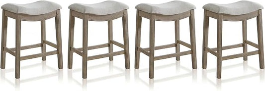 ROME + OAK Set of 4 Parker 26 Inch Counter Stool, Backless Saddle Kitchen Barstool in Reclaimed Oak Finish with Grey Fabric Upholstery Cushion Seat
