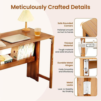 Bamboo Foldable Desk, 41" Folding Bamboo Desk for Small Spaces, Mid Century Small Computer Desks with Bookshelf, Wooden Desks for Home Bedroom Study Office, Brown