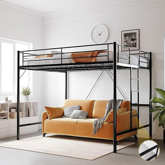 VINGLI Queen Loft Bed with Flat Rungs for Adults, Kids and Young Teens, No Box Spring Required,Heavy Duty Metal Slat Support, Black