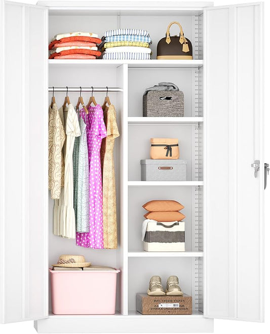 Greenvelly Metal Wardrobe Cabinet with Locking Doors, 72"H White Metal Wardrobe Closet with Hanging Rods and Adjustable Shelves, Clothing Storage Closet for Home, Office, Employee, Gym (16" D x 32" W)