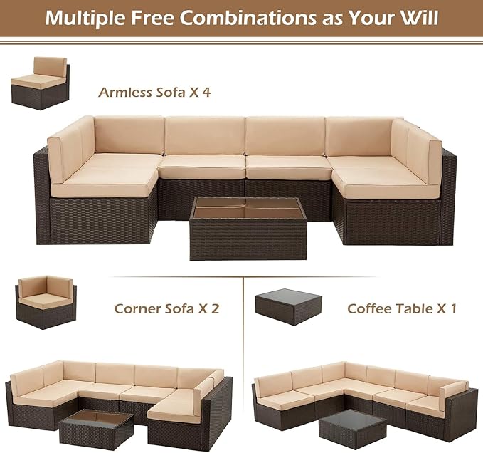 U-MAX 7 PCS Patio Funriture Set with Coffee Table (Four-line Rattan(7 pcs/with Cover), Brown Rattan&Beige)