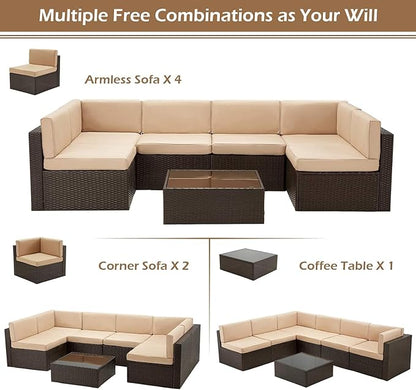 U-MAX 7 PCS Patio Funriture Set with Coffee Table (Four-line Rattan(7 pcs/with Cover), Brown Rattan&Beige)