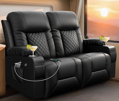 RV Loveseat Recliner Sofa, Reclining Loveseat Wall Hugger Recliners with USB Ports, Cup Holders, Insert Pockets, RV Recliners for Travel Trailers & Living Room, RV Furniture | RV Couch | Black