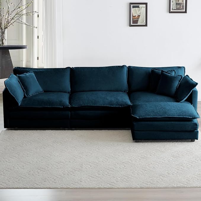 111.5" Modular Sectional Sofa, Large L Shaped Sectionals Cloud Couch, Big Comfy 3-Seat Couch with Ottoman, 4 Seater Chenille Sectional Sofa with Deep Seat and 5 Pillows for Living Room- Blue