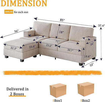 85'' L Shaped Couch with Armrest Organizer,Comfy 3 Seats Sofa with Thick Cushion,Chenille Sectional Couches for Living Room,Bedroom,Apartment,Sofa Set with Oversized Chair,Home Furniture,Khaki