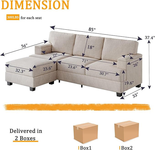 85'' L Shaped Couch with Armrest Organizer,Comfy 3 Seats Sofa with Thick Cushion,Chenille Sectional Couches for Living Room,Bedroom,Apartment,Sofa Set with Oversized Chair,Home Furniture,Khaki