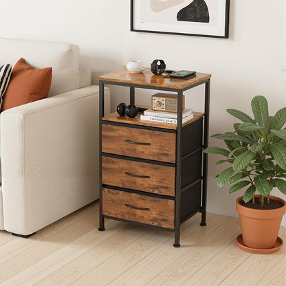 Sweetcrispy Nightstand with Charging Station, Bedside End Table with 3 Fabric Drawers, USB & Type-C Ports with AC Outlets, Adjustable Feet & Dimmable LED Light Strip, Modern Bedroom Furniture, Brown