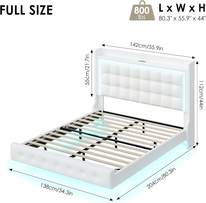 Keyluv Full Floating Bed Frame with Storage Headboard, LED Lights & Charging Station Platform Bed, Soft Upholstered PU Leather, USB/Type-C Ports, Easy Assembly, White