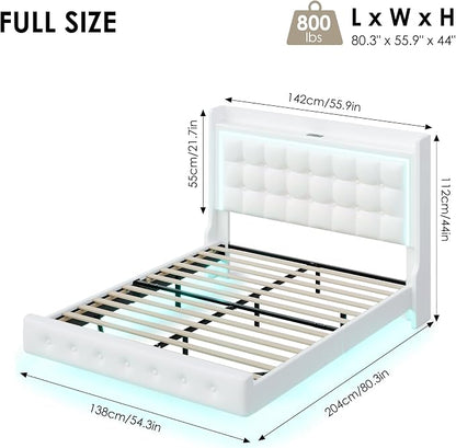 Keyluv Full Floating Bed Frame with Storage Headboard, LED Lights & Charging Station Platform Bed, Soft Upholstered PU Leather, USB/Type-C Ports, Easy Assembly, White