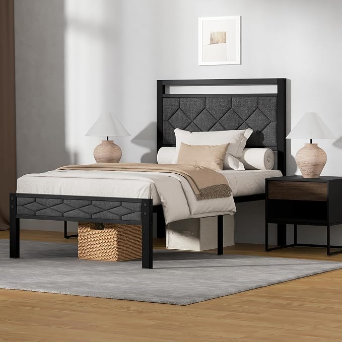 Z-hom Twin Bed Frames, Twin Bed Frame with Upholstered Headboard, Metal Platform Beds Solid and Stable, Grey, Noise Free, Easy Assembly, No Box Spring Needed