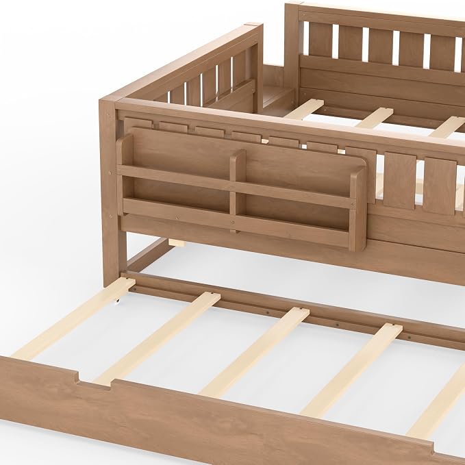Bellemave Queen Size Kids Bed with high Rails and with Built-in Bookshelf and Trundle for Kids, Girls, Boys, Wood Montessori Bed Without Door, Natural