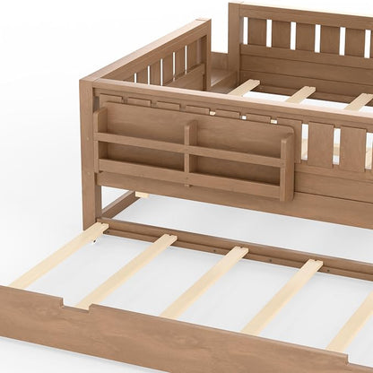 Bellemave Queen Size Kids Bed with high Rails and with Built-in Bookshelf and Trundle for Kids, Girls, Boys, Wood Montessori Bed Without Door, Natural