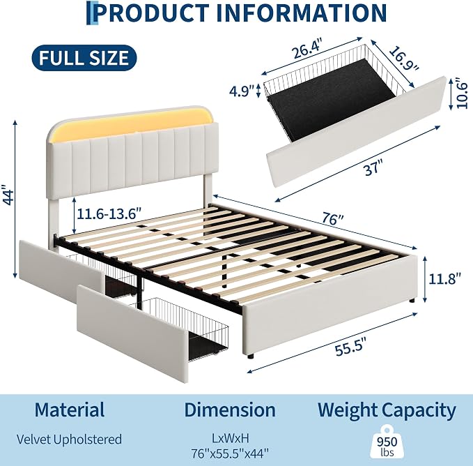 GarveeHome Full Bed Frame with Storage Headboard, Kids Bed Frame with 2 Drawers, Velvet Upholstered Platform Bed Frame with Lights, No Box Spring Needed, Easy Assembly, Velvet White