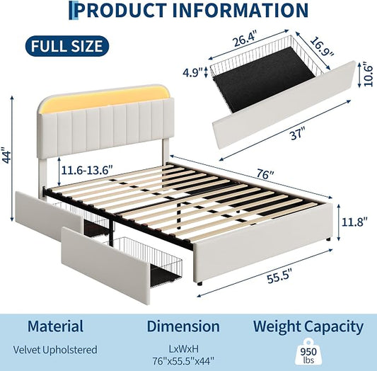 Garvee Full Size Bed Frame with 2 Flexible Drawers, Velvet Upholstered Platform Bed Frame with Bookcase Headboard and LED Lights, Kids Bed for Girls, Easy Assembly, Noise Free, Beige