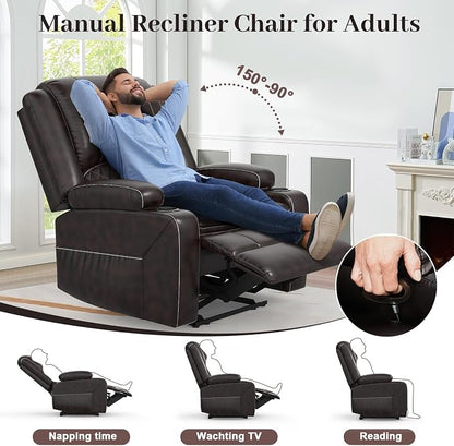 Yolsali Recliner Chairs for Adults, Oversize Manual Reclining Chair with 2-Tier Cushions, Faux Leather Recliner Chair with Hidden Storage Space, Living Room Recliner Chairs with Cup Holders - Brown