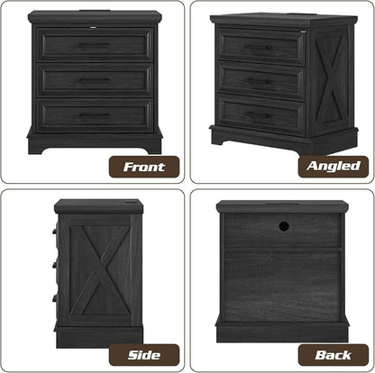 knoworld 24 Inch Wide Farmhouse Nightstands with Charging Station, Dark Gray Nightstand with 3 Large Drawers, Rustic Wood End Table for Bedroom