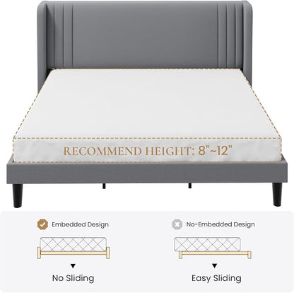 SHA CERLIN King Size Velvet Upholstered Platform Bed Frame with Vertical Channel Tufted Wingback Headboard, Wooden Slats Support, Easy Assembly, Under Bed Storage, No Box Spring Required, Grey