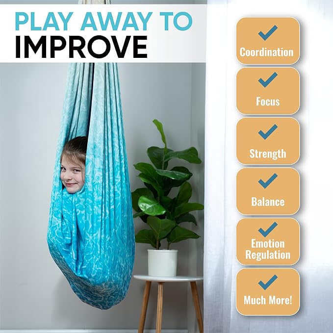 Indoor Sensory Swing for Kids or Outdoor – Holds 300lbs, Double-Layer, & 360° Swivel, Calming Compression Therapy Swing Hammock for Kids & Adults with All Hardware – Sensory-Motor Toys & Gifts