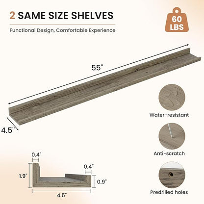 Dreamland Picture Ledge Shelf for Wall, Floating Shelves Set of 2,55 inch Long Floating Shelves with Lip for Living Room,Bedroom,Bathroom,Kitchen,Grey