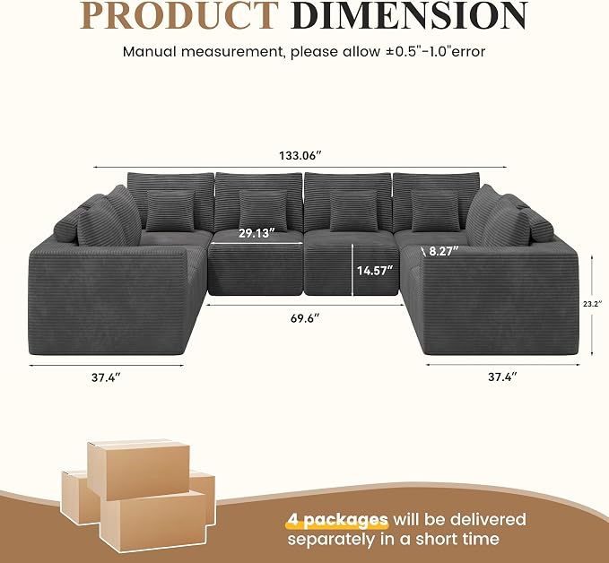 Modern U Shaped Modular Sectional Sofa, Convertible Oversized Cloud Couches for Living Room, Comfy 8 Seater Corduroy Boneless Couch Sofa Set, No Assembly Required, Beige 1 PCS