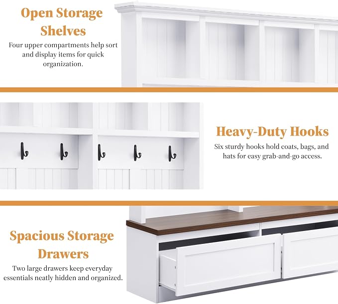 55.9" W Hall Tree with Bench and Shoe Storage,Shoe and Coat Rack with Drawer and Hooks,Farmhouse Furniture for Entryway,Mudroom,Living Room,White