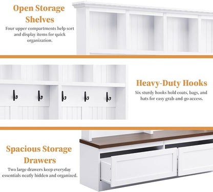 55.9" W Hall Tree with Bench and Shoe Storage,Shoe and Coat Rack with Drawer and Hooks,Farmhouse Furniture for Entryway,Mudroom,Living Room,White