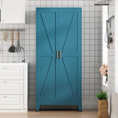 COFaR Home Farmhouse Storage Cabinet with 2 Barn Door, Tall Kitchen Pantry Cupboard with 3 Adjustable Shelves, for Dining Room, Bathroom, Living Room (Blue Green, 61" Farmhouse)