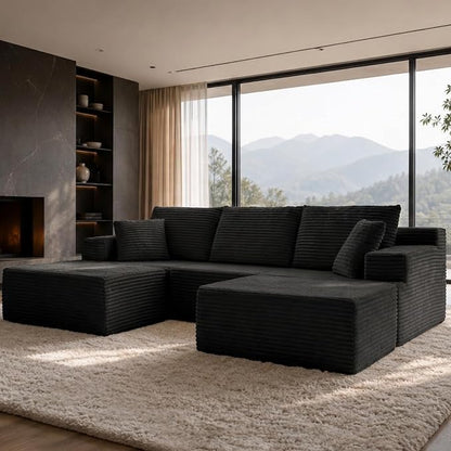 103" Modular Sectional Sofa, Comfort U Shaped Boneless Couch for Living Room, Extra Deep Seats No Assembly, Corduroy (Black, 3 Seater + 2 Ottomans）