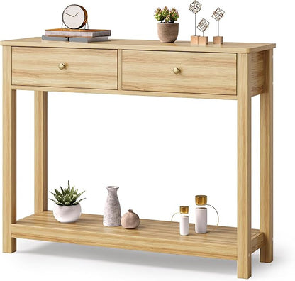 Gizoon 2 Drawer Console Table, 2-Tier Wood Entryway Table with Storage Shelves, 39" W Wood Accent Sofa Table for Front Hall, Hallway, Living Room, Oak Color