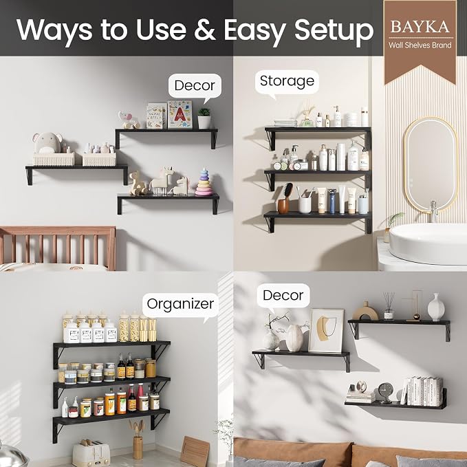 BAYKA Wall Mounted Floating Shelves, Wood Floating Wall Shelf for Books & Decor, Small Space-Saving Display & Organizer（Black，36in，Set of 3）