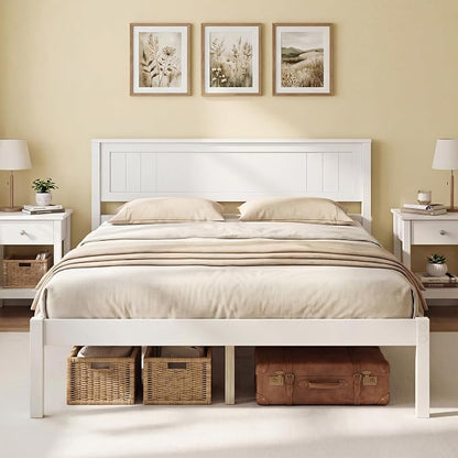 Giantex Full Size Wood Platform Bed Frame with Headboard, Mid Century Solid Wood Mattress Foundation with Slat Support, Double Bed Frame w/16 Under-Bed Storage, No Box Spring Needed (White)
