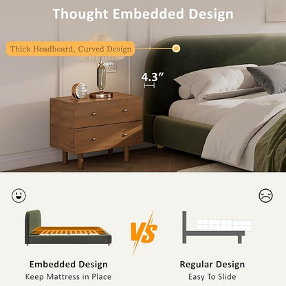 Merax California King Size Teddy Fleece Thick Fabric Upholstered Platform Bed with Curved Shaped Headboard, Wood Bed Frame with Solid Round Legs for Kids Teens Adults, Olive Green
