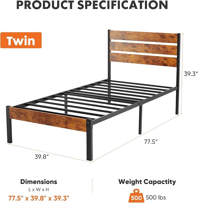 OLIXIS Twin Size Metal Platform Bed Frame - Mattress Foundation with Headboard and and Footboard, No Box Spring Needed with 700LBS Sturdy Wooden Slats Support, Noise Free, Easy Assembly