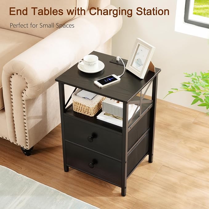 AMHANCIBLE Night Stand Set 2, Nightstand with Charging Station, Small Bedside Table with 2 Fabric Drawers, End Tables Living Room with USB C Ports for Bedroom, Black, HET05XBK