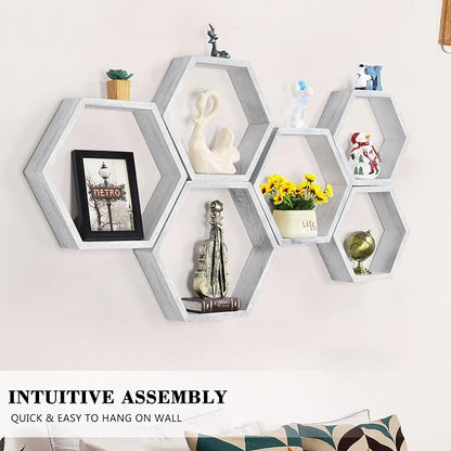 Hexagon Floating Shelves Set of 6, Wall Mounted Wood, Grey | Honeycomb Shelves, Wood Farmhouse Storage, for Wall Decor, Hanging Shelves, for Bedroom Living Room Nursery, Free Combination