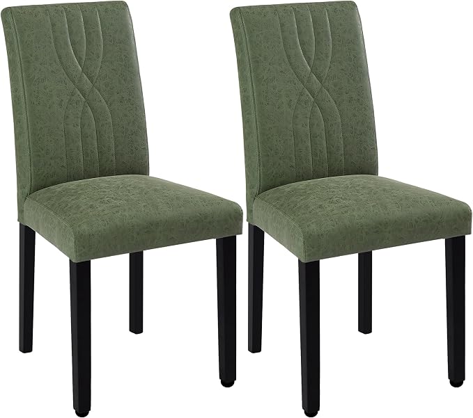 VECELO Upholstered Dining Chairs Set of 2, Modern PU Leather High Back Chairs with Solid Wood Legs and Adjustable Foot Pads for Kitchen and Living Room, Green