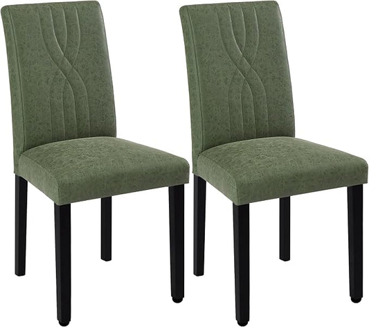 VECELO Upholstered Dining Chairs Set of 2, Modern PU Leather High Back Chairs with Solid Wood Legs and Adjustable Foot Pads for Kitchen and Living Room, Green