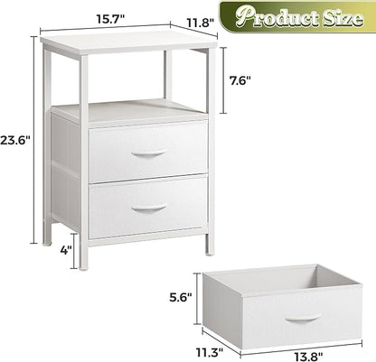 Huuger Night Stand Set of 2, Nightstand with 2 Drawers, Bed Side Table with Open Shelf, Wooden Top, End Table, PU Leather Fabric Drawer Surface, for Bedroom, White