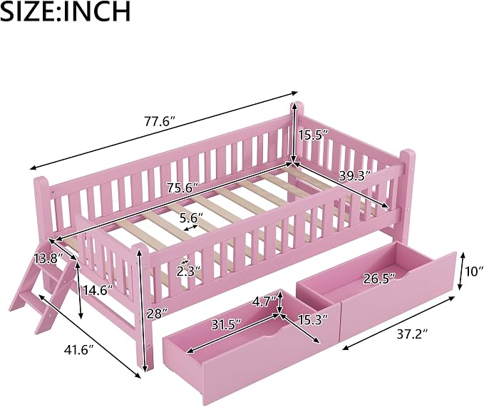 Merax Wood Twin Size Platform Bed with Guardrail and 2 Drawers, Kids Bed Frame with Stairs, Pink