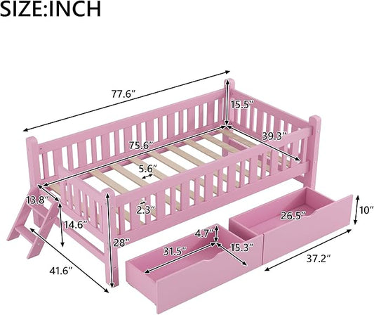 Merax Wood Twin Size Platform Bed with Guardrail and 2 Drawers, Kids Bed Frame with Stairs, Pink