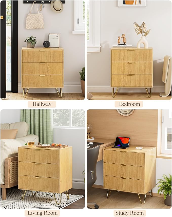 Oak Dresser for Bedroom, Modern Fluted 3 Drawer Dresser with Storage, Dresser Chest of Drawers with Gold Handles for Bedroom, Living Room, Closet, Hallway, 15.8" D x 23.6" W x 27.6" H