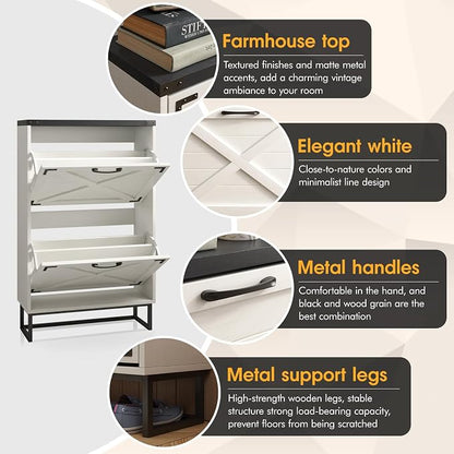 Maupvit 24" W Farmhouse Shoe Cabinet Storage for Entryway, Freestanding Organizer with 2 Flip Drawers, Narrow Shoe Rack Cabinet with Metal Corner Decoration, White