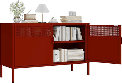 Red 25" H Metal Storage Cabinet with Adjustable Shelf, 2 Door Accent Cabinet, 2-Tier Low Cabinet with Vent Hole, TV Stand for Entryway, Home Office, Music Studio