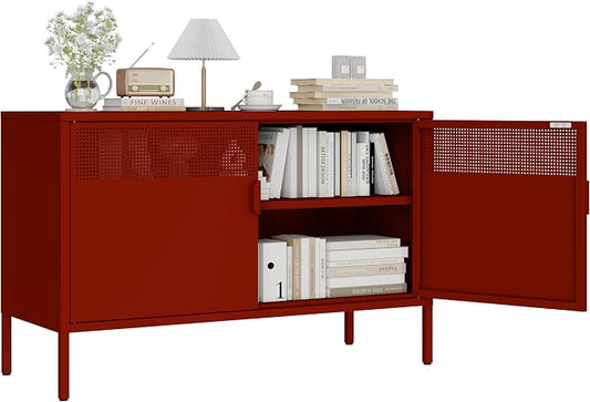 Red 25" H Metal Storage Cabinet with Adjustable Shelf, 2 Door Accent Cabinet, 2-Tier Low Cabinet with Vent Hole, TV Stand for Entryway, Home Office, Music Studio