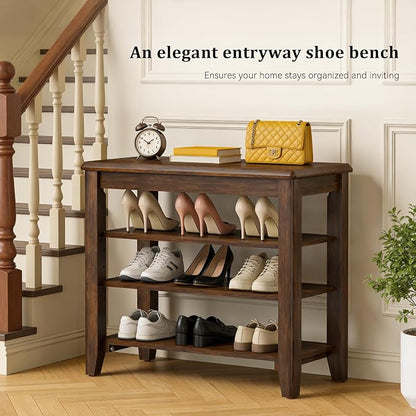 Taitiy Shoe Bench Storage Rubberwood, Entryway Bench with 3-Tiers Height Adjustable, Shoe Rack Front Door Entrance Organizer for Hallway Living Room, Mudrooms, Walnut,23.6"