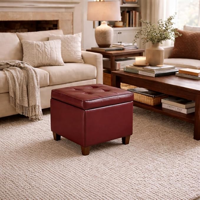 HomePop 18" Leatherette Tufted Square Storage Ottoman - Red