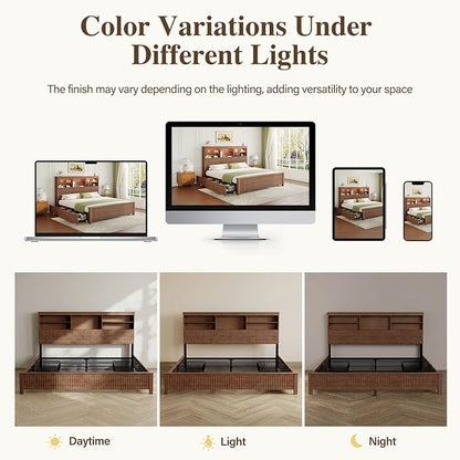 Queen Size Bed Frame and Tall Headboard & Storage, Metal Platform Bed Frame with 4 Storage Drawers, Queen Bed Frame with LED Lights & Charging Ports, No Box Spring Needed, Noise-Free, Brown