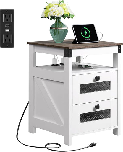 WLIVE Nightstand with Charging Station, Farmhouse End Table, Bed Side Table with 2 Storage Drawers and Open Shelf, Wood Rustic Nightstands for Bedroom, White