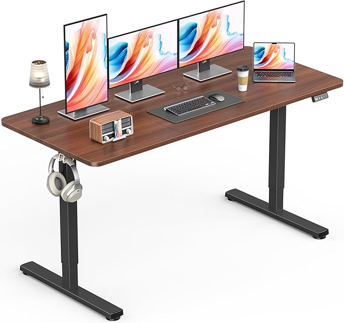Standing Desk, Height Adjustable Electric Stand up Desk, 55 x 24 Inches Sit Stand Home Office Desk with Splice Board, Black Frame/Walnut Top